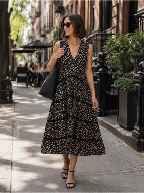 Merlette Wallis Dress Black Floral Tiered Midi Sleeveless V-Neck Boho Luxury XS